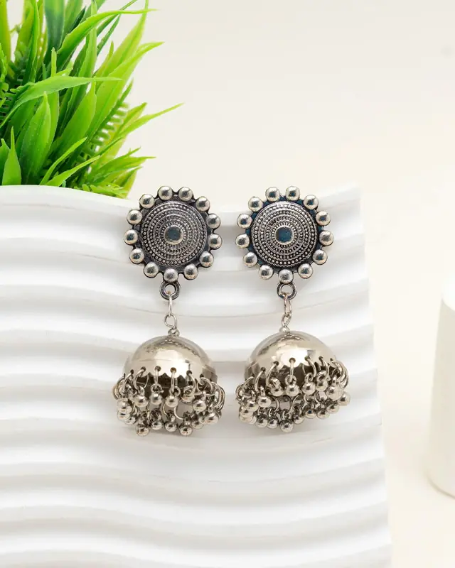 Oxidised silver dome jhumka earrings by Craftybella